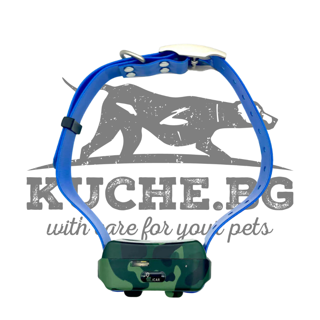 GPS тракер за кучета Icar IK122M-2000 4G с камуфлажен дизайн и регулируема каишка, идеален за малки породи.